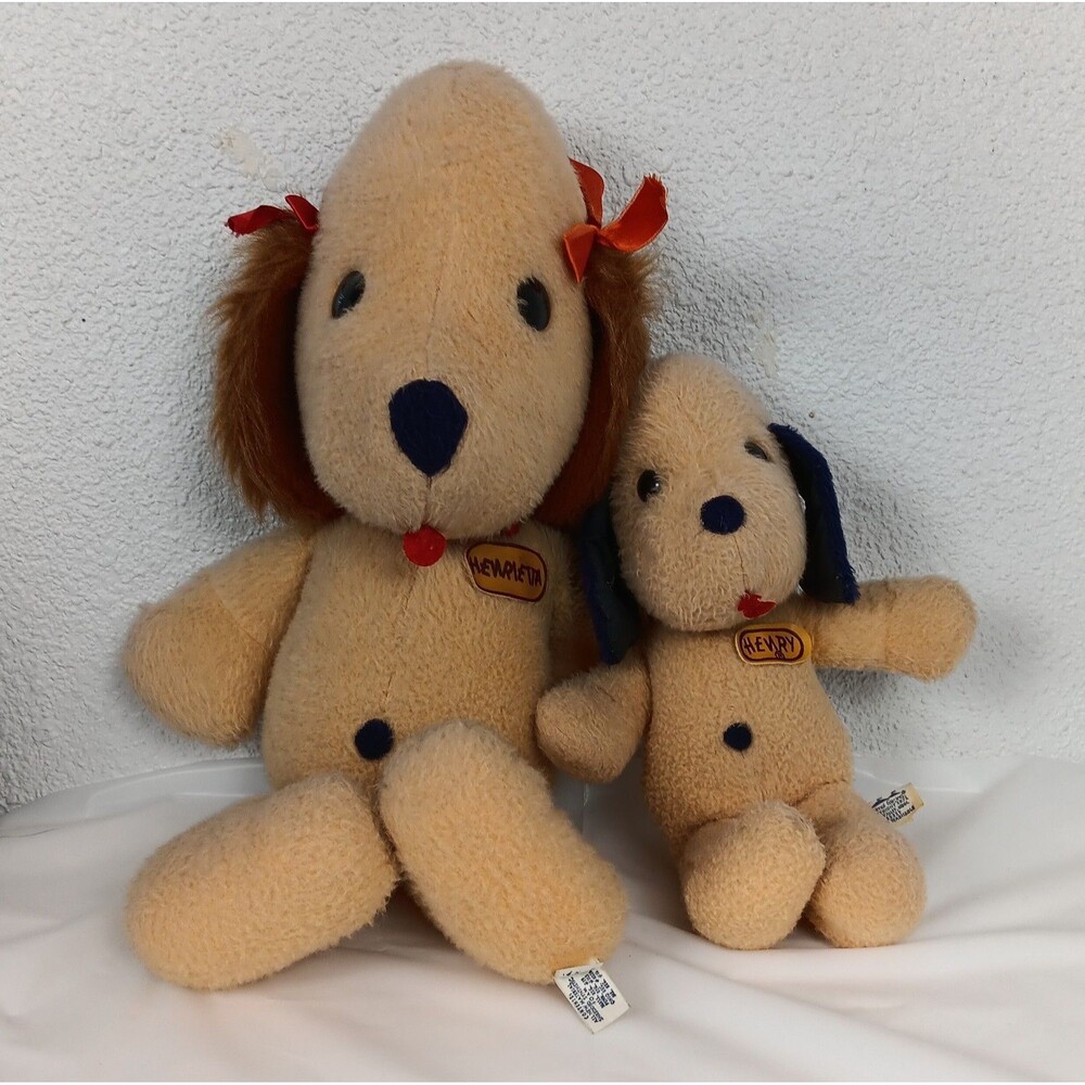 Vintage 1971 Animal Fair 13" Henry & 20" Henrietta Dog Plush Set Red Collar